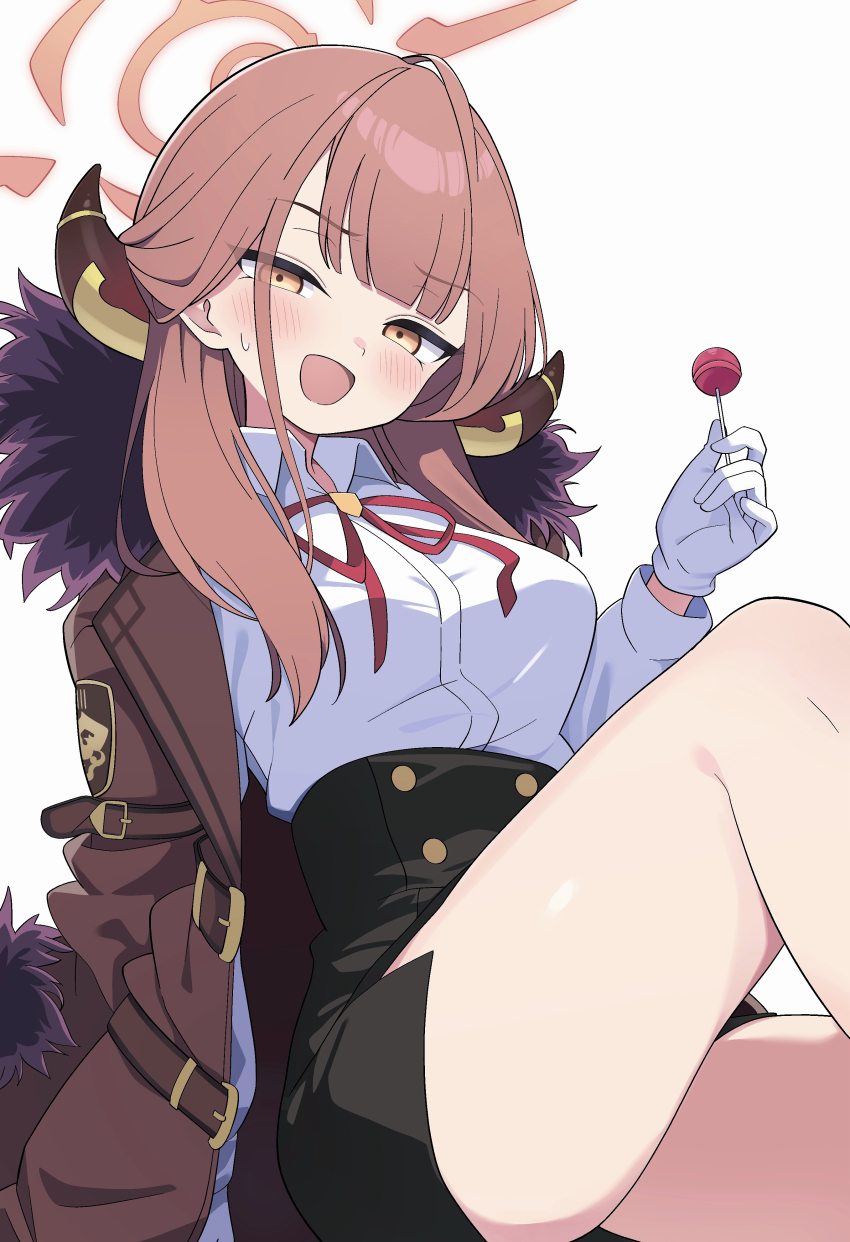 1girl absurdres ahoge aru_(blue_archive) blue_archive blush breasts brown_coat brown_horns candy coat coat_on_shoulders demon_horns food fur-trimmed_coat fur_trim gloves halo high-waist_skirt highres hiroikara_(smhong04) holding holding_candy holding_food horns jacket large_breasts long_hair long_sleeves looking_at_viewer low_horns open_mouth orange_halo pink_hair red_coat red_halo ribbon shirt simple_background sitting skirt smile solo thighs