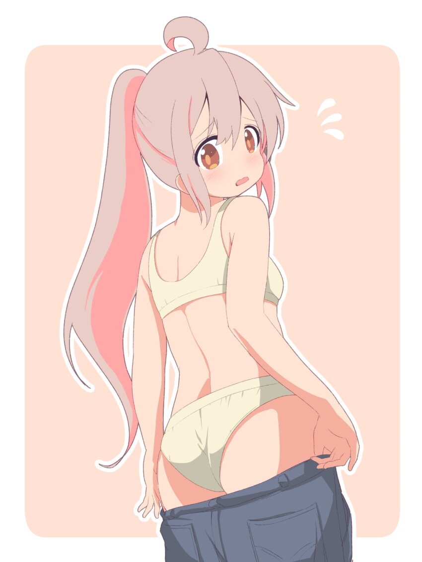 1girl ahoge ass bare_arms bare_legs blush bra breasts brown_eyes commentary cowboy_shot flying_sweatdrops hair_between_eyes highres long_hair looking_at_viewer looking_back no_shirt onii-chan_wa_oshimai! open_mouth outline oyama_mahiro panties pink_hair ponytail simple_background small_breasts solo underwear unkimo very_long_hair white_outline yellow_bra yellow_panties