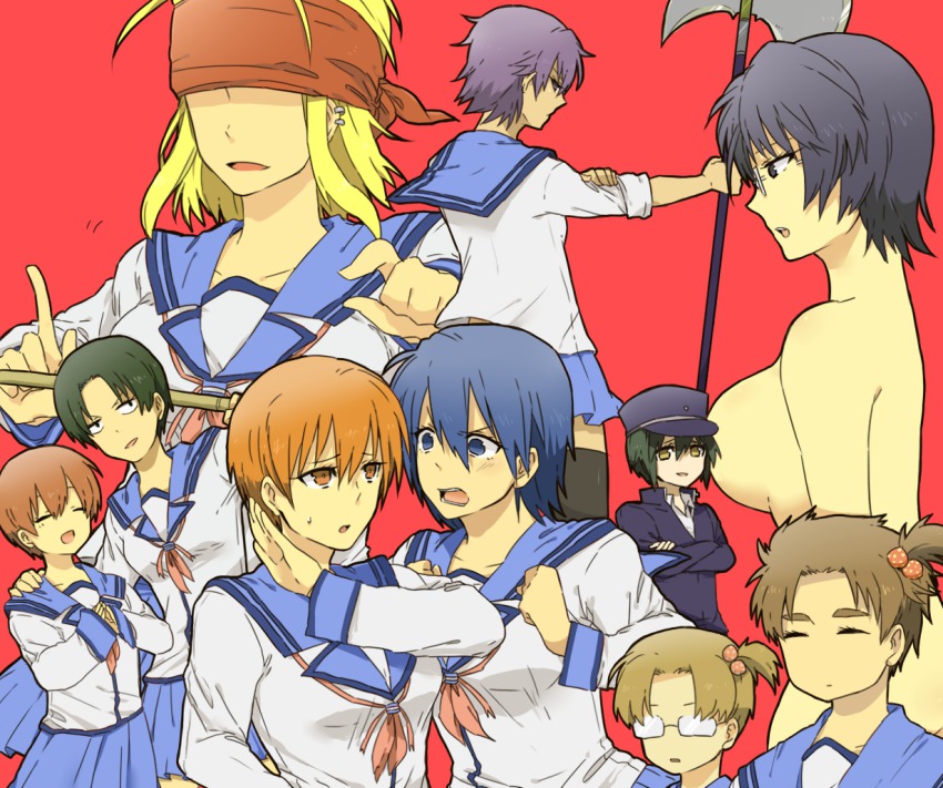 10s 6+girls angel_beats! axe bad_id bad_pixiv_id bandana blonde_hair blue_eyes blue_hair breasts brown_hair censored convenient_censoring dashii_(artist) everyone fujimaki_(angel_beats!) genderswap genderswap_(mtf) glasses green_hair halberd hat hinata_hideki large_breasts matsushita_(angel_beats!) multiple_girls naoi_ayato noda_(angel_beats!) nude ooyama_(angel_beats!) orange_eyes orange_hair otonashi_yuzuru polearm purple_eyes purple_hair school_uniform serafuku shirasaya short_hair skirt takamatsu_(angel_beats!) takeyama_(angel_beats!) tk_(angel_beats!) weapon