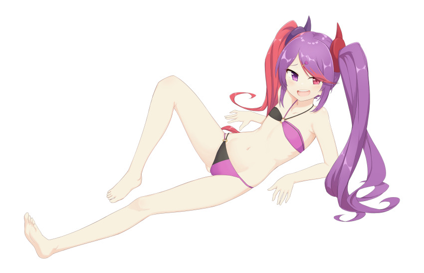 1girl absurdres barefoot bikini flat_chest full_body heterochromia highres long_hair looking_at_viewer lying misaki_(princess_connect!) misaki_(summer)_(princess_connect!) multicolored_hair navel open_mouth princess_connect! purple_eyes purple_hair red_eyes red_hair ribbonsnek smile solo swimsuit transparent_background twintails two-tone_hair very_long_hair