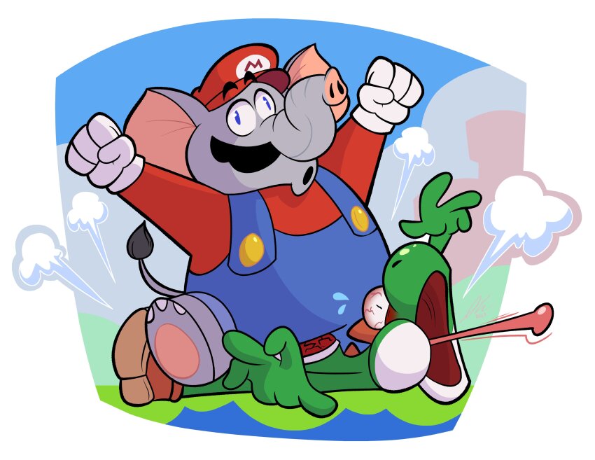 :o absurdres arms_up bloodshot_eyes blue_eyes blue_sky cabbie_hat clenched_hand colored_skin constricted_pupils cracked_shell crushing elephant elephant_mario facial_hair fat fat_man gloves green_skin grey_skin hat highres initial juicyartz large_ears letter_print long_sleeves long_tongue mario mario_(series) mustache nintendo open_mouth pain red_headwear red_shirt riding shirt sitting sky snout super_mario_bros._wonder tongue wall-eyed white_gloves yoshi