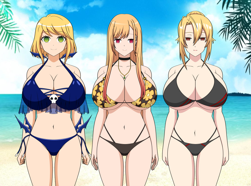 3girls absurdres ahoge alternate_breast_size alternate_costume angelica_rapha_redgrave bare_shoulders beach bikini blonde_hair breasts choker cleavage collarbone demon_wings empty_eyes female_focus green_eyes hair_between_eyes hair_tied_up highres huge_breasts hypno-roxa hypnosis jewelry kitagawa_marin koi_wa_sekai_seifuku_no_ato_de large_breasts long_hair magahara_desumi mind_control multiple_girls navel necklace ocean open_mouth otome_game_sekai_wa_mob_ni_kibishii_sekai_desu outdoors red_eyes ribbon ribbon_choker short_hair skull smile sono_bisque_doll_wa_koi_wo_suru standing standing_at_attention swimsuit thighs wings