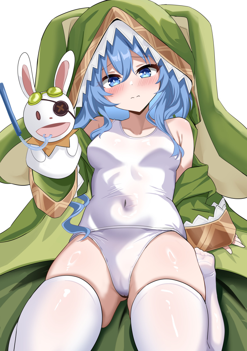 1girl absurdres animal_hood azur_lane blue_eyes blue_hair blush breasts cameltoe closed_mouth covered_navel date_a_live green_hood hand_puppet hand_up hci+ highres himekawa_yoshino himekawa_yoshino_(secret_base) hood long_hair looking_at_viewer official_alternate_costume one-piece_swimsuit puppet simple_background skindentation small_breasts swimsuit thighhighs white_background white_one-piece_swimsuit white_thighhighs yoshinon