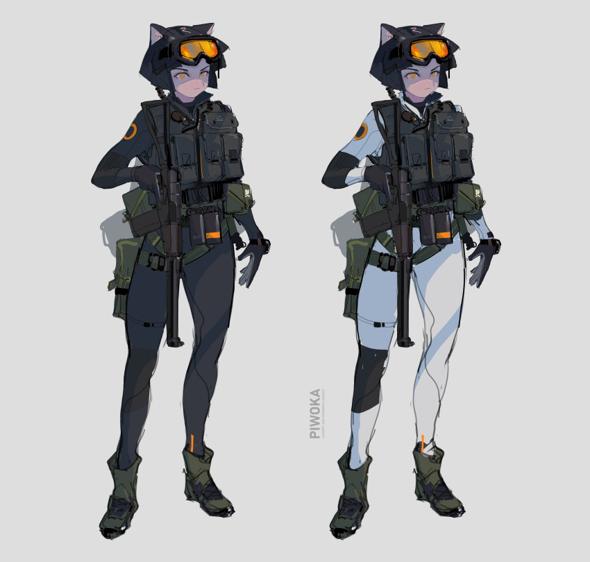 1girl 2023 absurdres animal_ears as_val assault_rifle black_hair bodysuit cat_ears cat_girl reference_sheet diving_mask diving_mask_on_head diving_suit goggles goggles_on_head gun highres kalashnikov_rifle orange_eyes pale_skin piwoka_(wibber_rose) polilla rifle short_hair sketch tactical_clothes tagme weapon wetsuit white_background wibber_rose