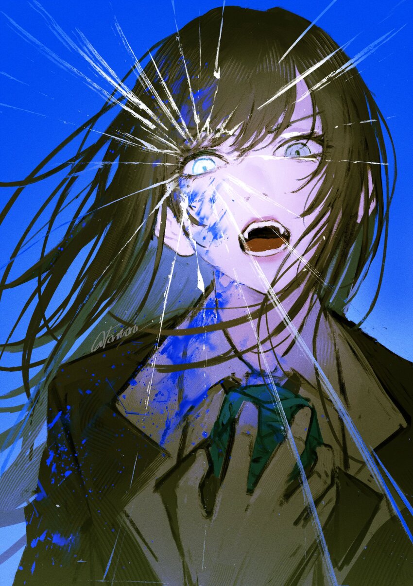 1girl absurdres ado_(utaite) black_hair blue_background chando_(ado) commentary fang forutaro gloves heterochromia highres long_hair looking_at_viewer open_mouth paint_splatter paint_splatter_on_face shirt solo teeth upper_body utaite white_gloves white_shirt