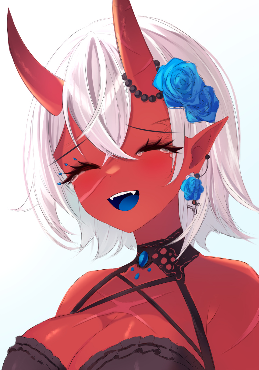 1girl absurdres akumi_(yoclesh) bare_shoulders blue_flower blue_rose blue_tongue breasts cleavage closed_eyes colored_tongue crossed_bangs earrings eyelashes facial_scar flower flower_earrings hair_flower hair_ornament highres horn_ornament horns indie_virtual_youtuber jewelry large_breasts oni open_mouth pointy_ears rose sailieart scar scar_on_cheek scar_on_chest scar_on_face short_hair solo tearing_up teeth upper_body upper_teeth_only virtual_youtuber white_background white_hair