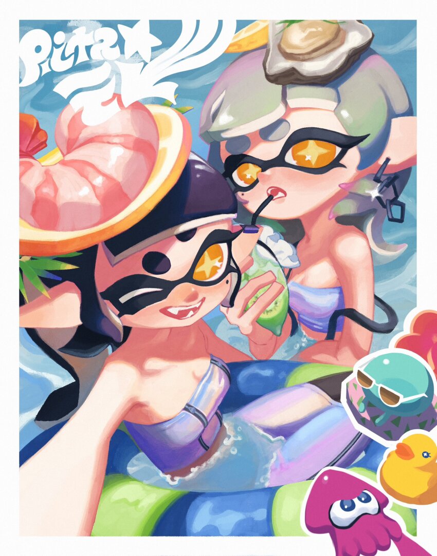 2girls afloat bare_shoulders black_hair black_pantyhose blunt_bangs border breasts callie_(splatoon) callie_(summer_nights)_(splatoon) chain chain_earrings chibi chibi_inset drink drinking drinking_straw drinking_straw_in_mouth ear_piercing fangs food food_on_head fruit gradient_hair green_hair grey_hair highres holding holding_drink holographic_clothing inkling innertube jellyfish_(splatoon) ka1_(k4k37) lemon lemon_slice long_hair looking_at_viewer marie_(splatoon) marie_(summer_nights)_(splatoon) medium_hair midriff miniskirt mole mole_under_eye multicolored_hair multiple_girls nintendo object_on_head official_alternate_costume official_alternate_hairstyle one_eye_closed open_mouth orange_eyes oyster pantyhose pencil_skirt piercing pink_hair pointy_ears pool purple_tube_top reaching reaching_towards_viewer selfie shrimp sidelocks skirt small_breasts splatoon_(series) splatoon_3 squid star-shaped_pupils star_(symbol) strapless suspenders suspenders_slip swim_ring symbol-shaped_pupils taking_picture tentacle_hair tube_top twintails white_border yellow_pupils zipper zipper_pull_tab zipper_skirt