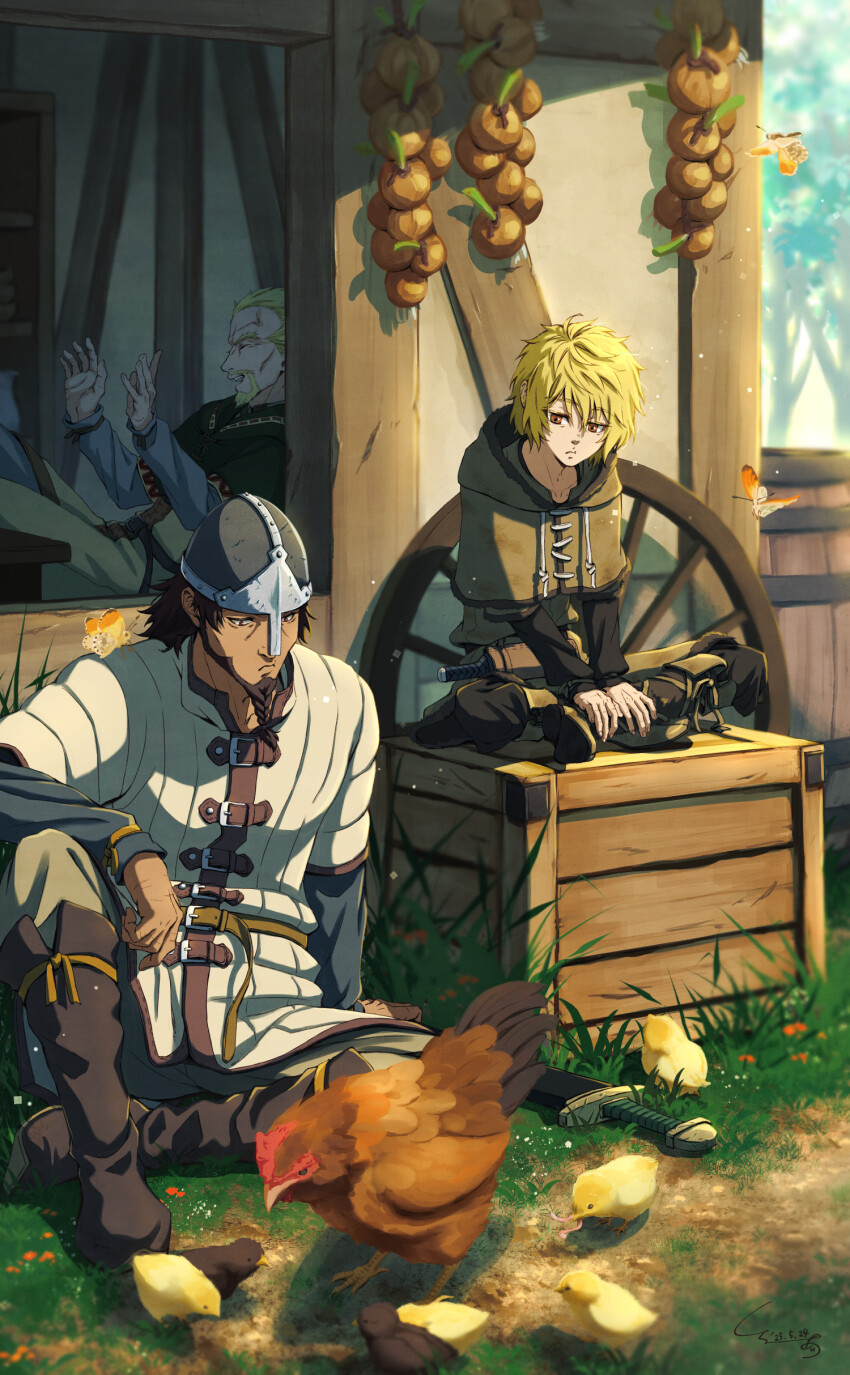 3boys absurdres askeladd baby_animal barrel beard bird bjorn_(vinland_saga) black_boots black_shirt blonde_hair boots brown_capelet brown_eyes brown_hair capelet chick chicken child coat crate facial_hair grass grin hair_between_eyes helmet highres indian_style laughing male_focus multiple_boys onion shirt shirube_akashi sitting smile teeth thorfinn viking vinland_saga white_coat