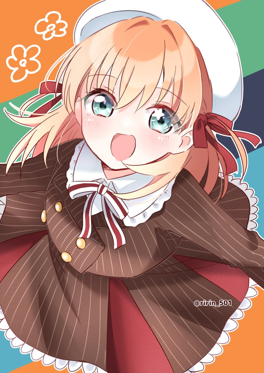 1girl :d absurdres beret black_background blue_background blush brown_jacket brown_skirt collared_shirt commentary_request dress_shirt flower_symbol fortune_movie_(love_live!) frilled_shirt_collar frills from_above green_background hair_ribbon hat highres hinoshita_kaho jacket link!_like!_love_live! long_sleeves looking_at_viewer love_live! neck_ribbon official_alternate_costume open_mouth orange_background orange_hair pinstripe_jacket pinstripe_pattern pinstripe_skirt pleated_skirt red_ribbon ribbon ririn_(ririn_501) shirt skirt smile solo star_(symbol) star_in_eye symbol_in_eye twitter_username virtual_youtuber white_hat white_shirt
