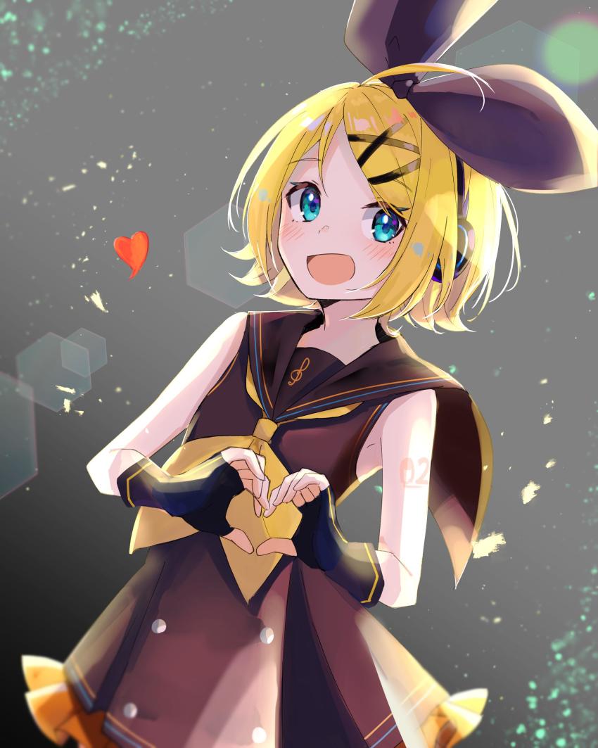 1girl absurdres alternate_color bare_shoulders black_bow black_collar black_dress black_gloves blonde_hair blue_eyes blush bow collar commentary cowboy_shot dress female_focus fingerless_gloves frilled_skirt frills gloves hair_bow hair_ornament hairclip heart heart_hands hexagon highres kagamine_rin lens_flare light_blush looking_at_viewer note55885 open_mouth sailor_collar school_uniform shoulder_tattoo skirt sleeveless sleeveless_dress smile solo sour_model_(mikumikudance) swept_bangs tattoo treble_clef vocaloid