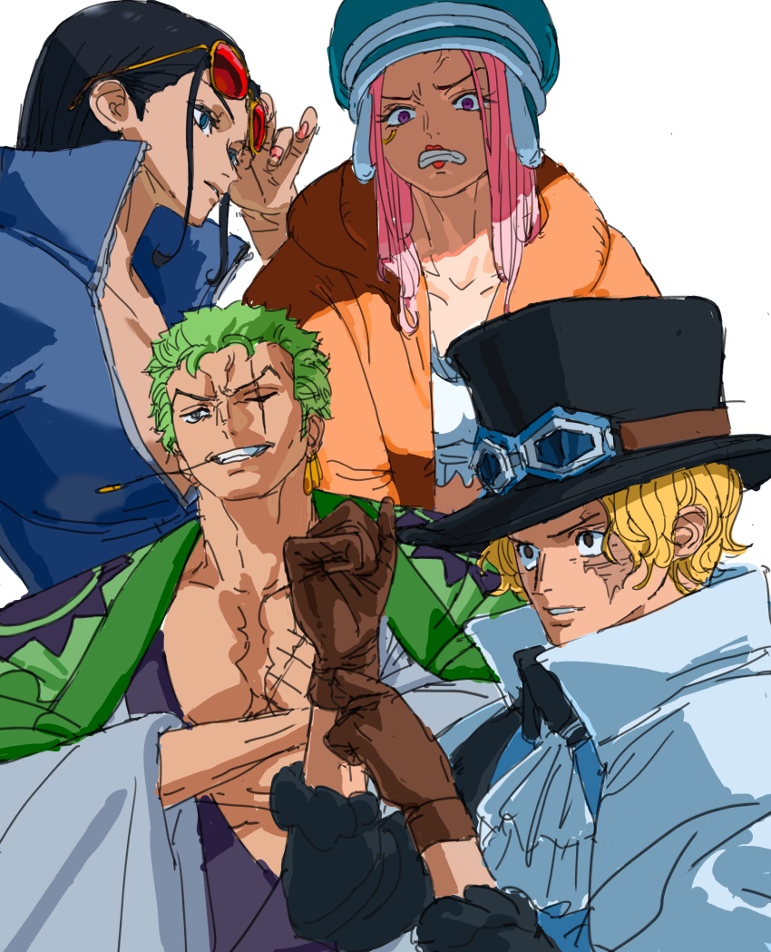 2boys 2girls absurdres anti-eyebrow_piercing ascot black_hair blonde_hair blue_shirt brown_gloves clenched_teeth earrings eyewear_on_head gloves goggles goggles_on_headwear green_hair hair_slicked_back hat high_collar highres japanese_clothes jewelry jewelry_bonney jxl8080 kimono long_hair multiple_boys multiple_girls nico_robin nico_robin_(return_to_sabaody) one_piece pink_hair roronoa_zoro sabo_(one_piece) scar scar_across_eye scar_on_face shirt short_hair stitched_torso stitches sunglasses teeth white_ascot white_background zipper