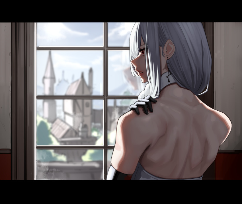 1girl absurdres back back_focus backless_outfit bare_back bare_shoulders black_gloves blue_sky building cloud commentary_request day earrings elbow_gloves from_behind from_inside gloves grey_hair harris_hero highres indoors jewelry letterboxed medium_hair original profile red_eyes sidelocks sky solo upper_body window yuri_crimson