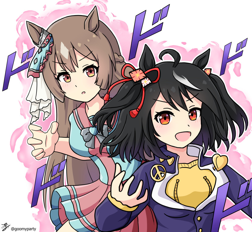 2girls absurdres ahoge animal_ears aura black_hair bow bowtie braid brooch brown_hair commentary cosplay crazy_diamond crazy_diamond_(cosplay) diamond_wa_kudakenai dodododo ear_ornament gakuran goom_(goomyparty) grey_hair hair_between_eyes half_up_braid heart higashikata_josuke higashikata_josuke_(cosplay) highres horse_ears horse_girl jewelry jojo_no_kimyou_na_bouken kitasan_black_(umamusume) light_brown_hair long_hair long_sleeves looking_at_viewer multicolored_hair multiple_girls orange_eyes peace_symbol pun red_eyes satono_diamond_(umamusume) school_uniform short_hair stand_(jojo) streaked_hair twitter_username two-tone_hair two_side_up umamusume