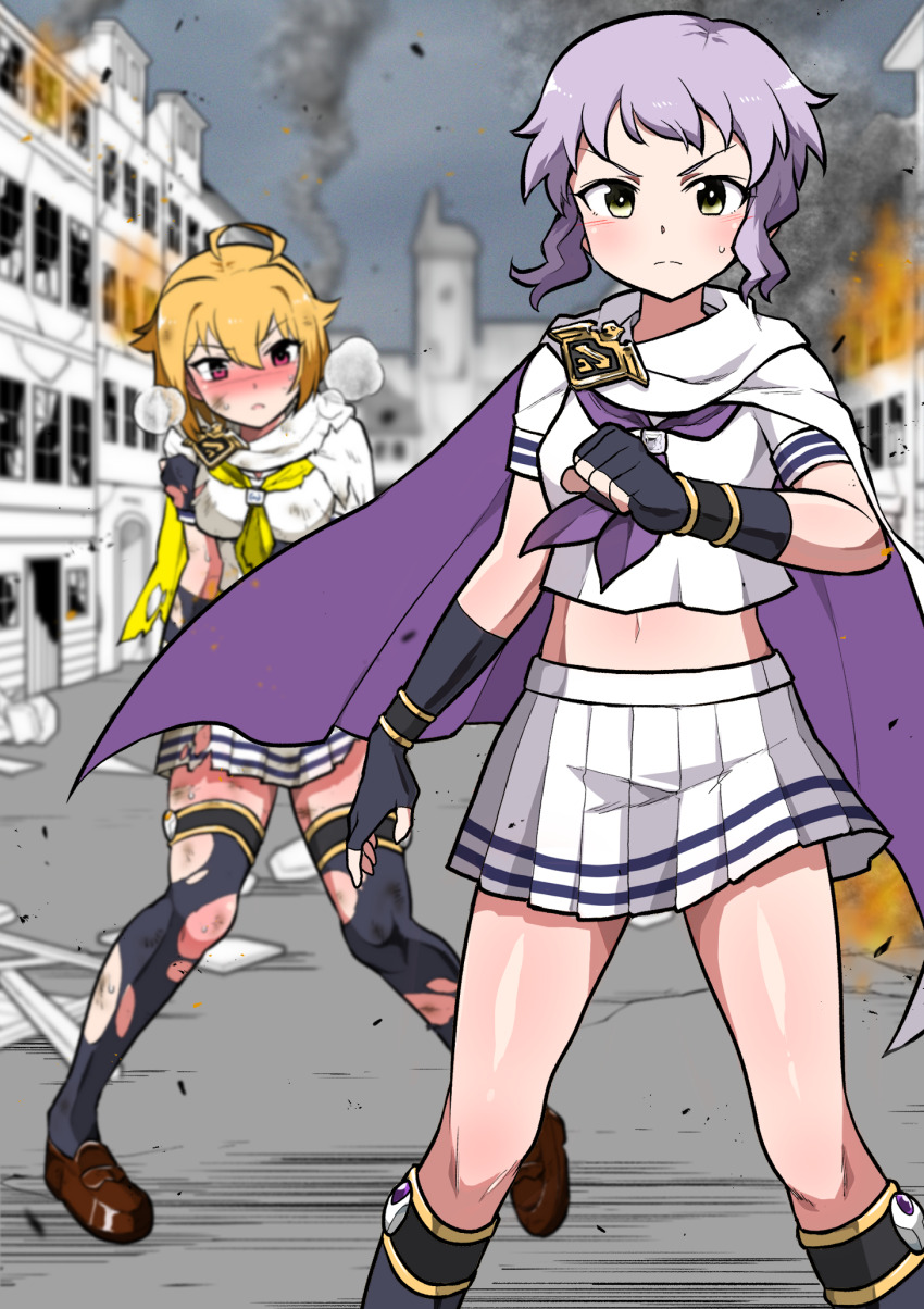 2girls ahoge black_socks black_thighhighs blonde_hair blurry blurry_background blush breasts breath brown_footwear building burning burning_building burningsushi cape city clenched_hand commentary_request dirty dirty_clothes fingerless_gloves fire gloves grey_sky hair_between_eyes hair_flaps hand_up highres ibuki_tsubasa idol_heroes_(idolmaster) idolmaster idolmaster_million_live! injury kneehighs large_breasts legs looking_at_another looking_at_viewer makabe_mizuki mighty_sailor miniskirt multiple_girls navel neckerchief outdoors parted_lips pleated_skirt purple_hair purple_neckerchief red_eyes road serious shirt short_hair short_sleeves sidelocks skirt sky small_breasts smoke socks street sweat thighhighs thighs torn_cape torn_clothes torn_gloves torn_shirt torn_skirt torn_thighhighs v-shaped_eyebrows wavy_hair white_cape white_shirt white_skirt yellow_eyes