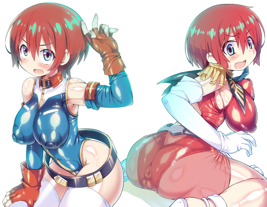 1girl amate_yuzuriha armpits ass belt blue_eyes blue_leotard blue_sleeves blush blush_stickers breasts butt_crack cameltoe covered_anus covered_erect_nipples covered_pussy elbow_gloves epaulettes from_behind gloves gundam gundam_gquuuuuux hair_between_eyes hand_on_own_thigh kanibasami large_breasts leotard looking_at_viewer multiple_views open_mouth partially_fingerless_gloves red_gloves red_hair red_leotard sandals sideboob simple_background sitting skin_tight sweatdrop thighhighs wariza white_background white_gloves white_sandals white_thighhighs