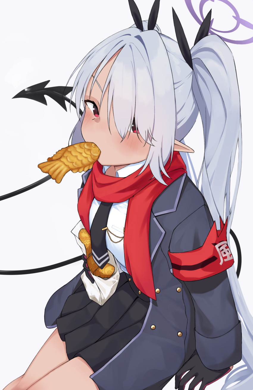 1girl absurdres armband bag black_bow black_gloves black_jacket black_necktie black_skirt blue_archive blush bow buttons commentary cowboy_shot dark-skinned_female dark_skin demon_girl demon_tail double-breasted food_in_mouth gloves grey_hair hair_bow hair_intakes hair_over_one_eye halo highres holding holding_bag iori_(blue_archive) jacket long_hair looking_at_viewer miniskirt mintchoco_(minchothudong) necktie open_clothes open_jacket pleated_skirt pointy_ears purple_halo red_armband red_eyes red_scarf scarf school_uniform shirt simple_background skirt solo tail tail_raised twintails very_long_hair white_background white_shirt