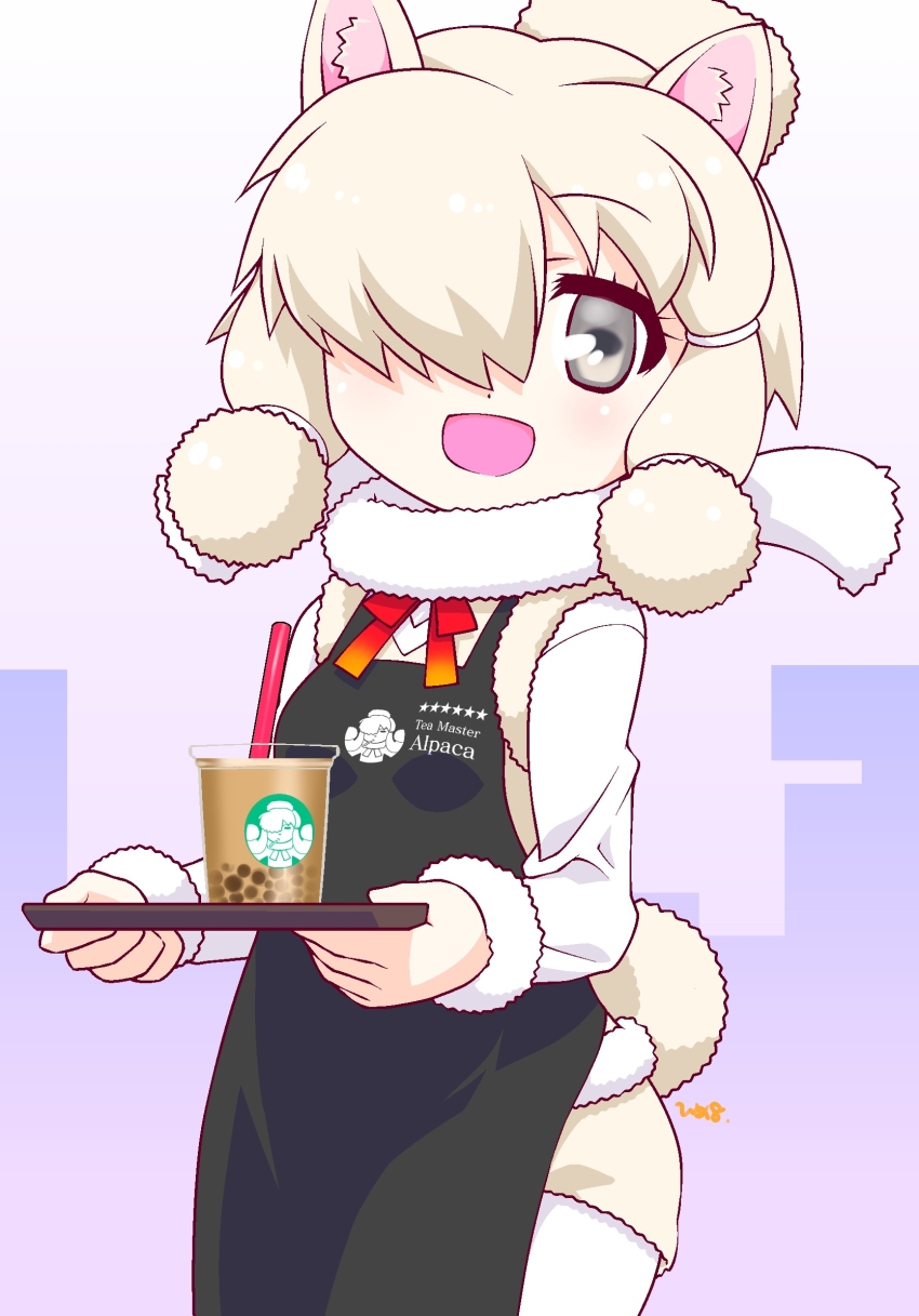 1girl :d alpaca_ears alpaca_girl alpaca_suri_(kemono_friends) alpaca_tail animal_ears apron black_apron blonde_hair bubble_tea cup drink drinking_straw fur_collar grey_eyes hair_over_one_eye highres himehachi_(hime8manga) holding holding_tray horizontal_pupils kemono_friends long_sleeves open_mouth short_hair smile solo tail tray yellow_tail