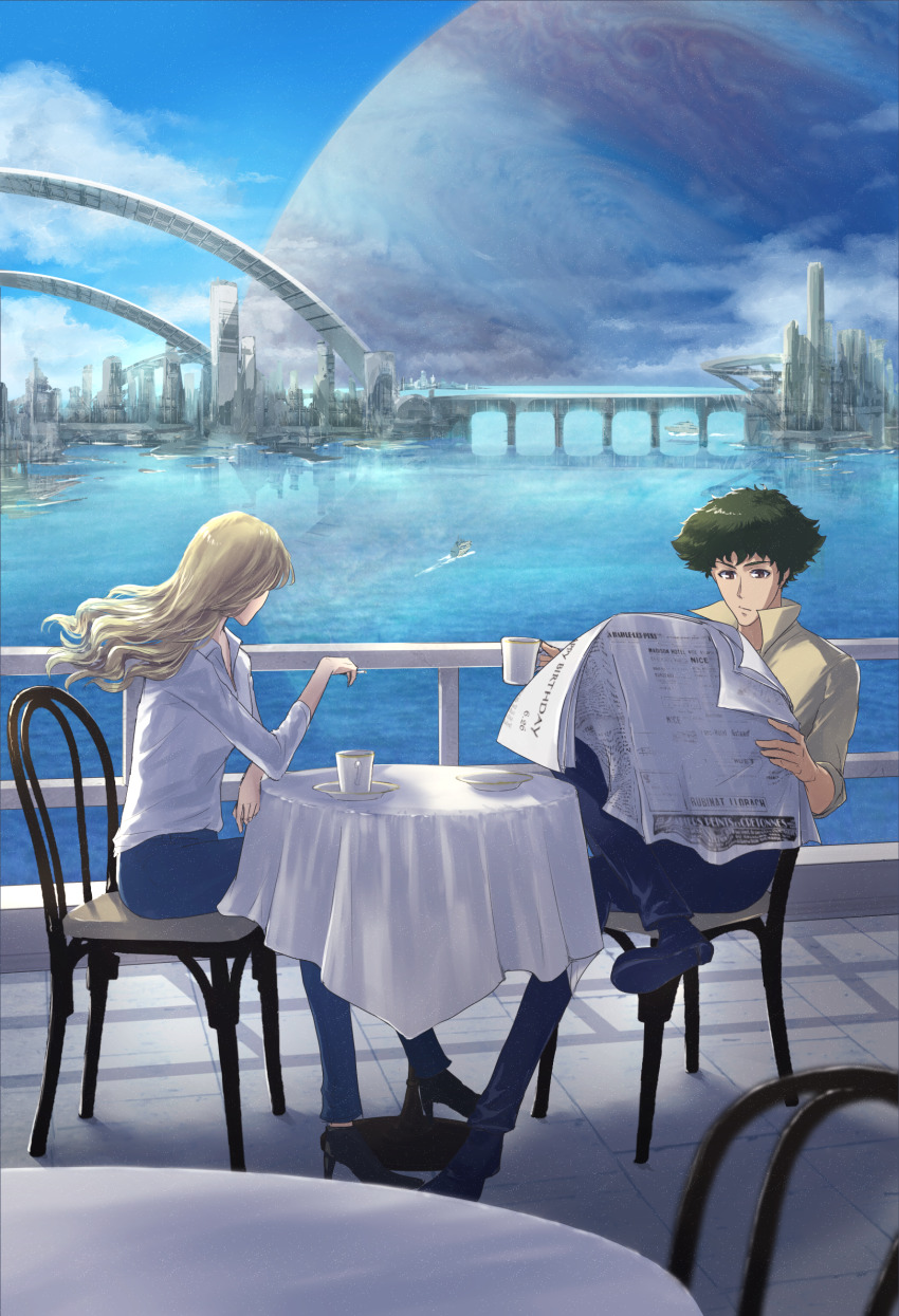 1boy 1girl absurdres blonde_hair chair cowboy_bebop green_hair highres julia_(cowboy_bebop) navinavinavia pants reading science_fiction sitting spike_spiegel table
