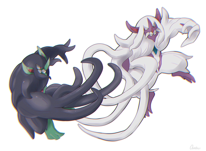 alternate_color chromatic_aberration commentary_request full_body gen_8_pokemon grimmsnarl highres nintendo no_humans ouran pokemon pokemon_(creature) purple_eyes red_eyes sharp_teeth shiny_and_normal shiny_pokemon simple_background teeth tentacles white_background