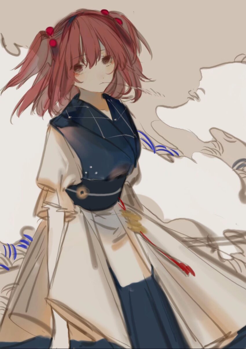 1girl brown_sash dress gas hair_ornament highres onozuka_komachi red_eyes red_hair sash short_hair skirt skirt_set solo touhou two_side_up white_background white_dress zhixie_jiaobu