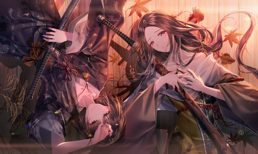 1boy 1girl absurdres black_eyes blunt_bangs brown_eyes collarbone divine_child_of_rejuvenation emma_the_gentle_blade hand_on_own_forehead highres holding holding_sword holding_weapon huge_filesize japanese_clothes junpaku_karen katana kimono leaf long_hair lying medium_hair on_back parted_bangs sekiro:_shadows_die_twice sheath smile sword weapon wide_sleeves wooden_floor