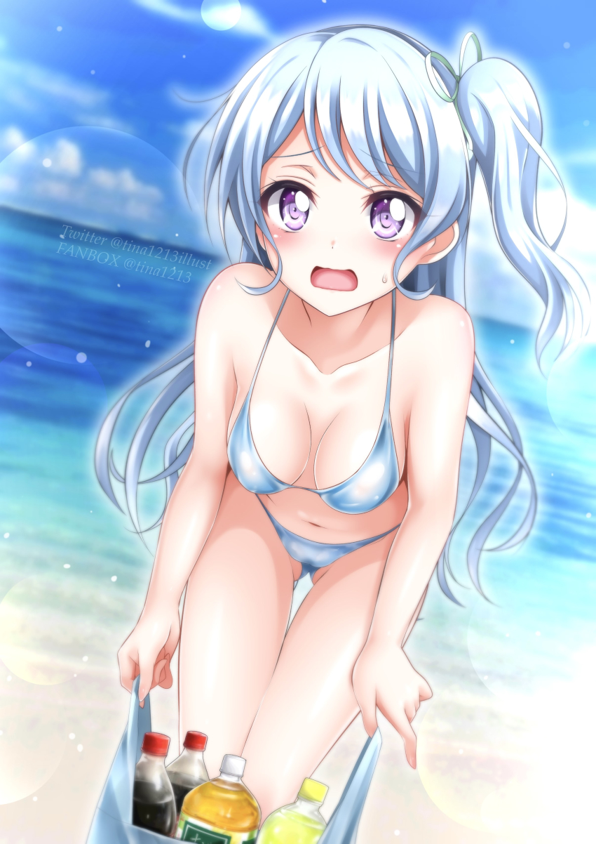 1girl absurdres bag bang_dream! beach bikini blue_hair blue_sky breasts cleavage cloud commentary_request day feet_out_of_frame gluteal_fold highres light_blue_hair long_hair matsubara_kanon one_side_up open_mouth outdoors plastic_bag purple_eyes sky small_breasts soda_bottle solo swimsuit thigh_gap tina1213 white_bikini