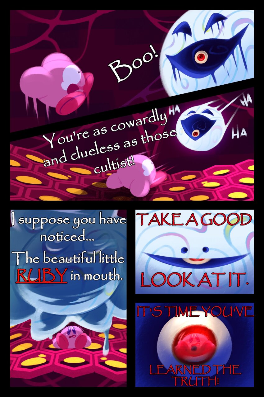 1boy 1other absurdres blush_stickers comic constricted_pupil crying crying_with_eyes_open english_text evil_smile eye_in_mouth hexagon highres honeycomb_(pattern) honeycomb_background kirby kirby_star_allies kirby_(series) melting melting_eyes nintendo ooze red_eyes red_footwear reflection scared smile surprised tears the_mad_fanatic void_soul void_termina