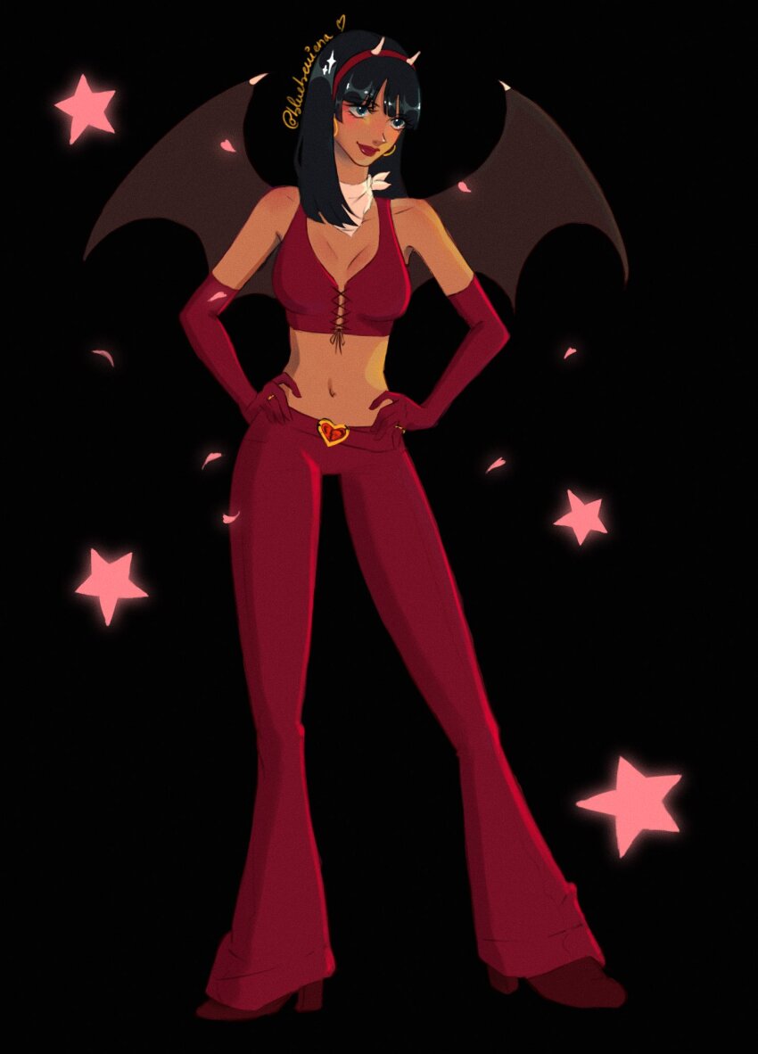 1girl black_background black_hair blue_eyes blueberriena blunt_bangs commentary elbow_gloves english_commentary eyelashes fake_wings full_body gloves hands_on_own_hips high_heels highres medium_hair navel nico_robin one_piece pants simple_background smile solo star_(symbol) twitter_username wings