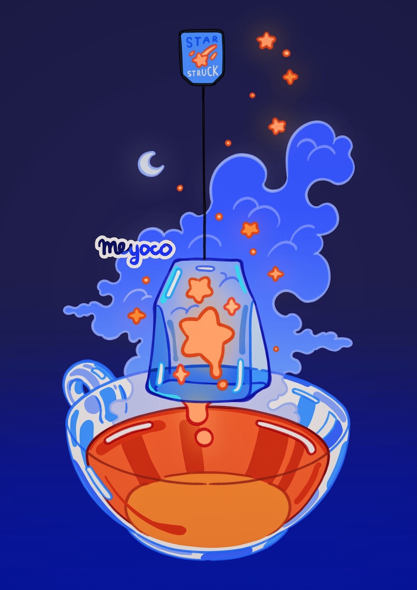 artist_name blue_background blue_clouds color_contrast crescent_moon cup dripping english_text food glass_teacup gradient_background highres meyoco moon night night_sky no_humans object_focus original see-through_clothes sky star_(sky) star_(symbol) starry_sky steam tea teabag teacup watermark