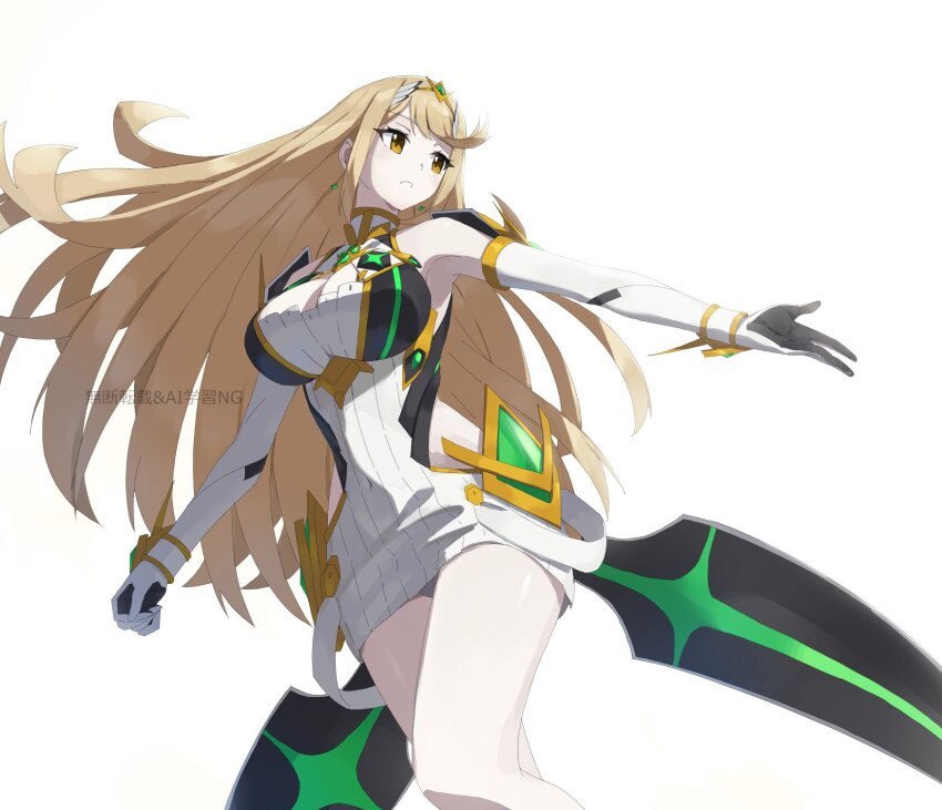 1girl blonde_hair chest_jewel core_crystal_(xenoblade) cowboy_shot dress highres long_hair microdress mythra_(xenoblade) simple_background solo tiara tsukinaga white_background white_dress xenoblade_chronicles_(series) xenoblade_chronicles_2 yellow_eyes