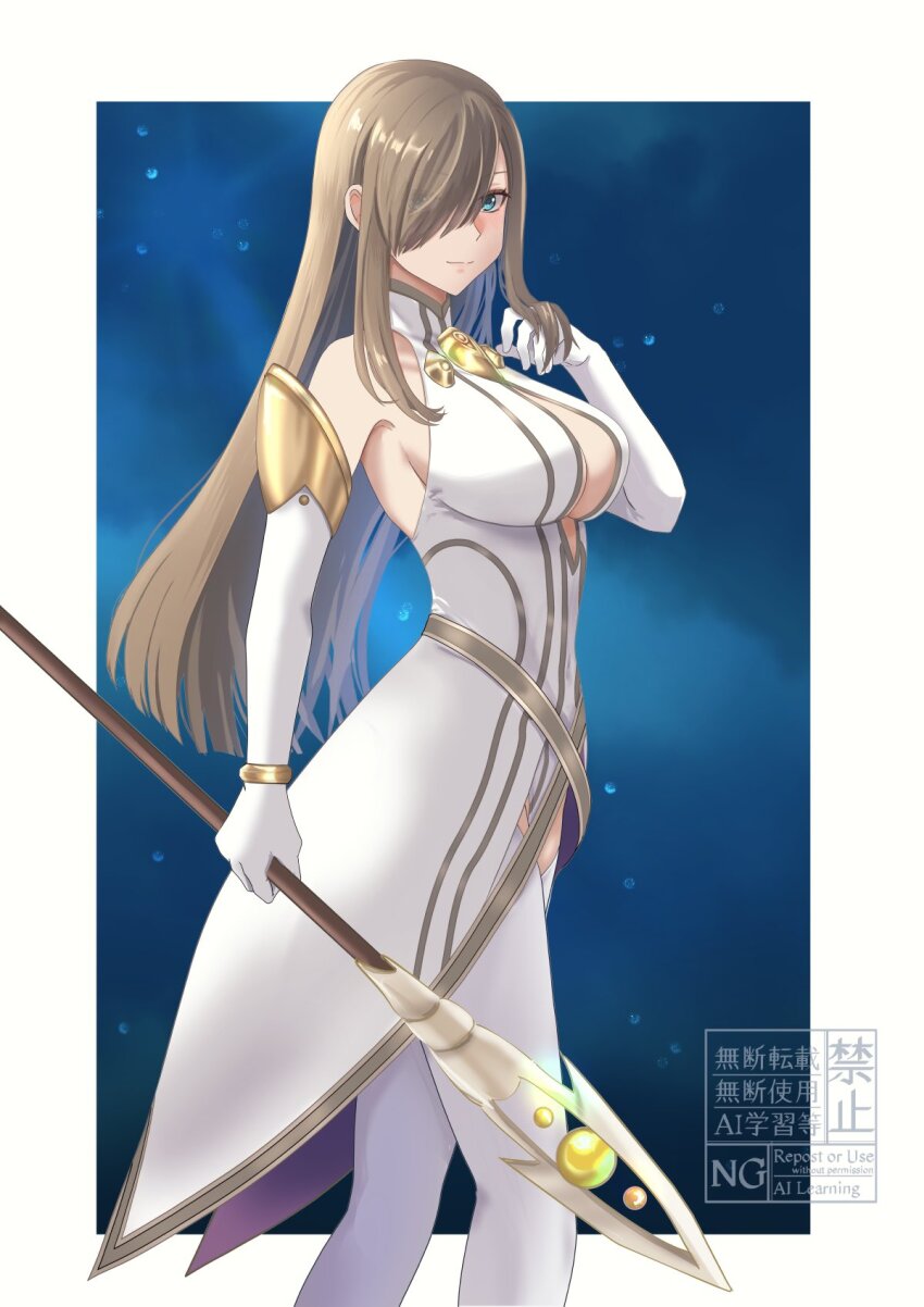 1girl armpit_peek bare_shoulders blue_eyes border breasts brown_hair center_opening closed_mouth commentary_request dress elbow_gloves feet_out_of_frame from_side gloves hair_over_one_eye hand_up high_collar highres holding holding_staff komegura large_breasts long_hair looking_at_viewer looking_to_the_side night night_sky official_alternate_costume outside_border sidelocks sky sleeveless sleeveless_dress smile solo staff swept_bangs tales_of_(series) tales_of_the_abyss tales_of_the_rays tear_grants thighhighs watermark white_border white_dress white_gloves white_thighhighs