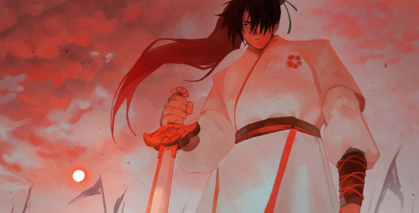 1boy black_hair chinese_clothes cheongmyeong_(return_of_the_mount_hua_sect) closed_mouth cloud debris flag green_ribbon hair_over_one_eye hair_ribbon hanfu high_ponytail highres holding holding_sword holding_weapon korean_commentary long_hair long_sleeves looking_ahead male_focus ponytail red_sky return_of_the_mount_hua_sect ribbon scar scar_on_hand sky solo sun sun_2g sword torn_flag weapon white_hanfu