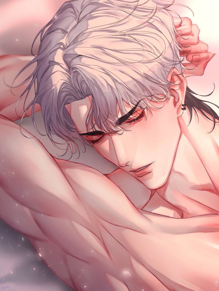 absurdres armpits black_hair closed_eyes commentary_request earclip eunho_(plave) eyelashes fingernails head_on_arm highres korean_commentary light_particles male_focus muscular muscular_male on_bed parted_lips plave portrait short_hair sleeping solo teeth topless_male white_hair yum_606