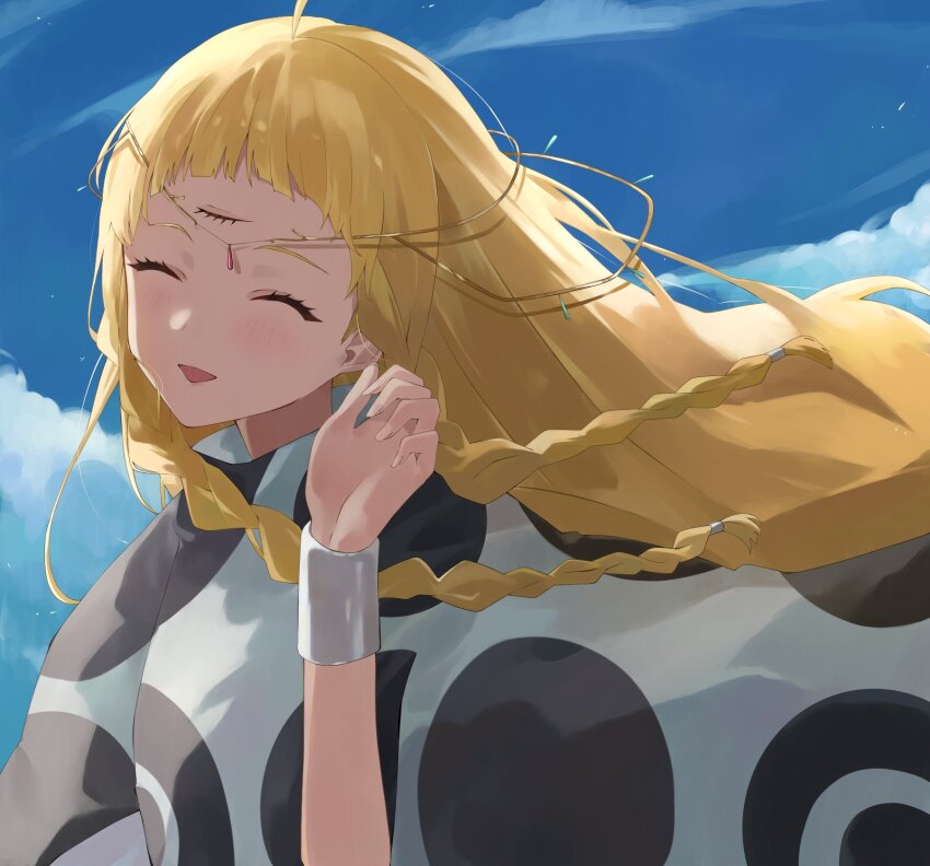 1girl blonde_hair blush braid closed_eyes cloud dark-skinned_female dark_skin dress eupha_(metaphor:_refantazio) highres jewelry konchi_(63438789) long_hair metaphor:_refantazio open_mouth sky smile solo third_eye twin_braids very_long_hair