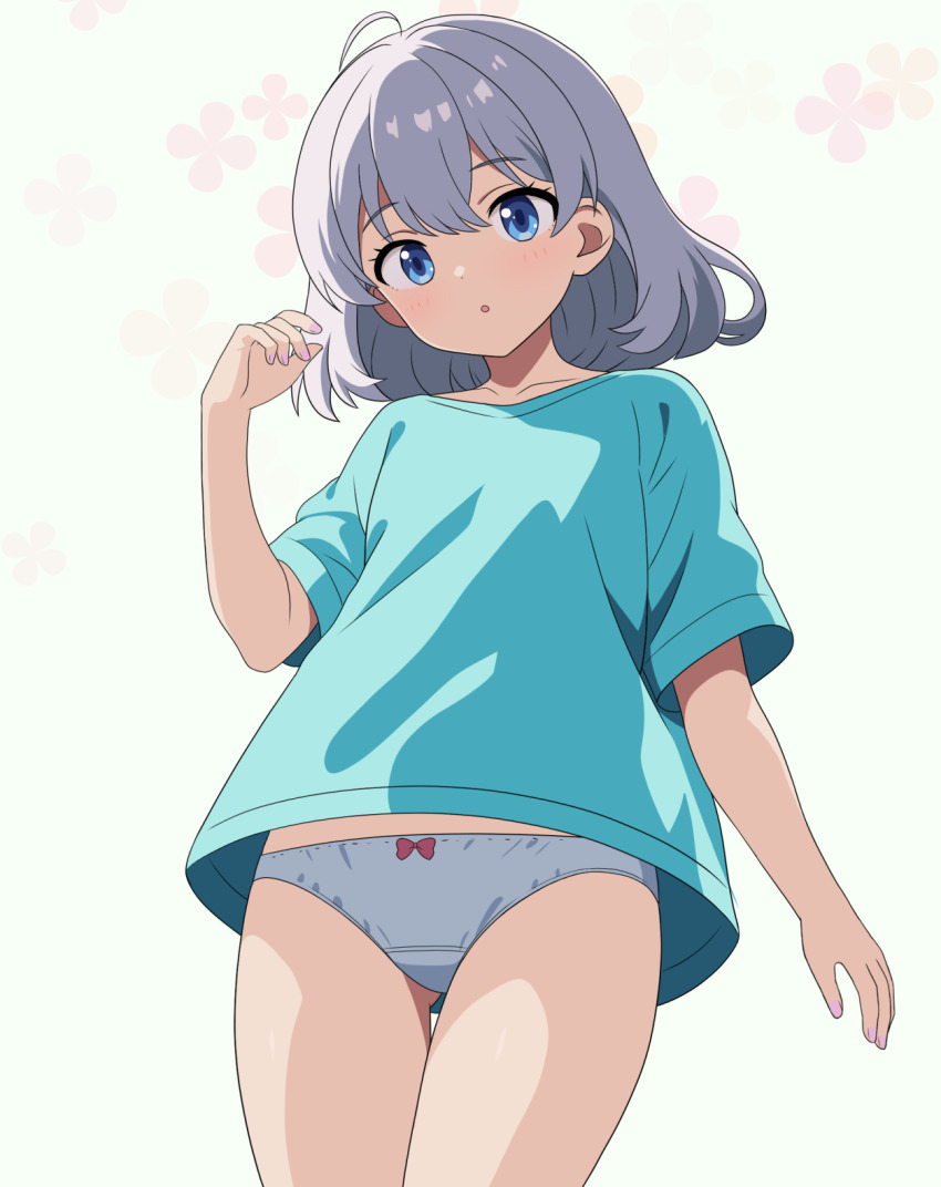 1girl :o ahoge aqua_shirt arm_at_side blue_eyes bow bow_panties center-flap_bangs collarbone commentary_request cowboy_shot crotch_seam fingernails floral_background from_below grey_hair grey_panties hand_up highres loli looking_at_viewer looking_down medium_hair nail_polish no_pants original panties parted_lips pink_nails shirt short_sleeves solo standing t-shirt take_zenni_chikuzenni underwear white_background
