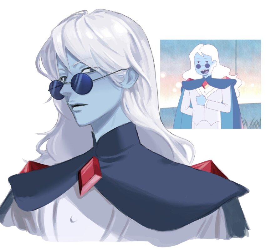 1boy adventure_time adventure_time:_fionna_and_cake adventure_time:fionna_and_cake black_cape blue_skin cape chokeke_005 colored_skin gem highres ice_king jacket long_hair male_focus parted_lips photo-referenced red_gemstone round_eyewear simon_petrikov simple_background solo sunglasses white_background white_hair white_jacket
