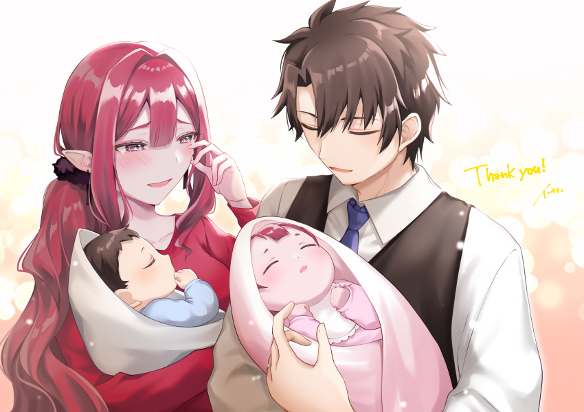 2boys 2girls absurdres baby baobhan_sith_(fate) bib black_hair blush breasts brother_and_sister family fate/grand_order fate_(series) father_and_daughter father_and_son fujimaru_ritsuka_(male) grey_eyes hair_ornament hair_scrunchie highres ichi_kq if_they_mated medium_breasts mother_and_daughter mother_and_son multiple_boys multiple_girls necktie open_mouth pointy_ears red_hair red_shirt scrunchie shirt siblings signature simple_background smile tearing_up tears