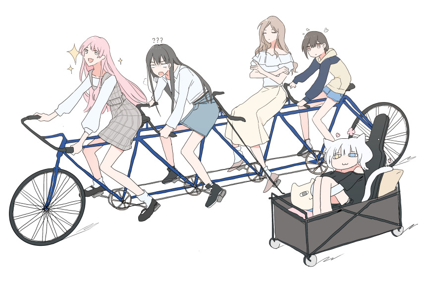 5girls absurdres animal_ears bang_dream! bang_dream!_it&#039;s_mygo!!!!! bicycle black_hair black_shoes blue_hoodie blue_shorts blue_skirt brown_eyes cart cat_ears cat_girl cat_tail chihaya_anon closed_eyes commentary crossed_arms dress fang grey_dress grey_hair guitar_case highres hood hoodie instrument_case jacket kaname_raana kemonomimi_mode long_hair long_sleeves mole mole_under_eye multiple_girls mygo!!!!!_(bang_dream!) nagasaki_soyo open_mouth pinafore_dress pink_hair raana_the_cat reiboubyou riding riding_bicycle shiina_taki shirt shoes short_hair shorts simple_background skin_fang skirt sleeveless sleeveless_dress socks tail takamatsu_tomori two-tone_hoodie white_background white_jacket white_shirt white_socks yellow_hoodie