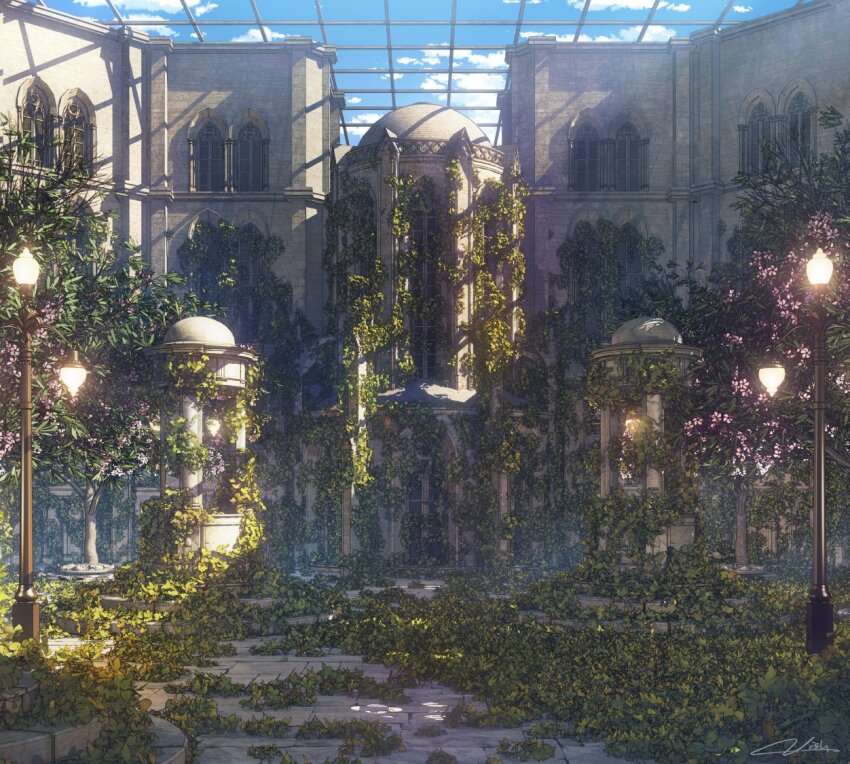 architecture blue_sky cloud commentary_request day dome flower lamppost leaf no_humans original overgrown pink_flower plant scenery signature sky tree vines waisshu_(sougyokyuu) window