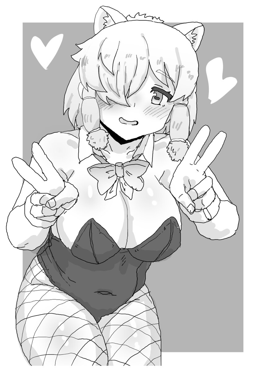 1girl absurdres alpaca_ears alpaca_girl alpaca_suri_(kemono_friends) alternate_costume animal_ears bare_shoulders blush bow bowtie cowboy_shot detached_collar double_v fishnets greyscale hair_bun hair_over_one_eye hair_tubes heart highres kemono_friends kumasyan1998 leotard looking_at_viewer monochrome playboy_bunny sidelocks sleeveless smile solo v wrist_cuffs
