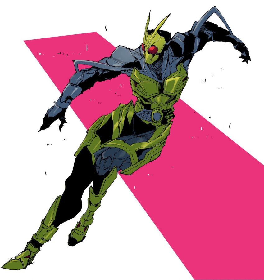 1boy antennae armor belt black_armor black_boots black_gloves bodysuit boots bug commentary_request gloves green_armor highres ichitaka_(1015ichitaka) kamen_rider kamen_rider_01_(series) kamen_rider_zero-one male_focus pink_background rider_belt rising_hopper running superhero_landing tokusatsu two-tone_background weapon white_background zero_one_driver