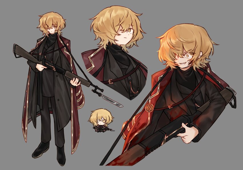 1boy absurdres black_coat black_pants black_shoes black_sweater blonde_hair blood blood_on_clothes coat coat_on_shoulders evil_grin evil_smile full_body grey_background grin gun highres holding holding_gun holding_weapon limbus_company looking_at_viewer male_focus multiple_views niioys pants project_moon red_coat shoes short_hair simple_background sinclair_(project_moon) smile solo standing sweater thumb_(identity)_(project_moon) weapon yellow_eyes