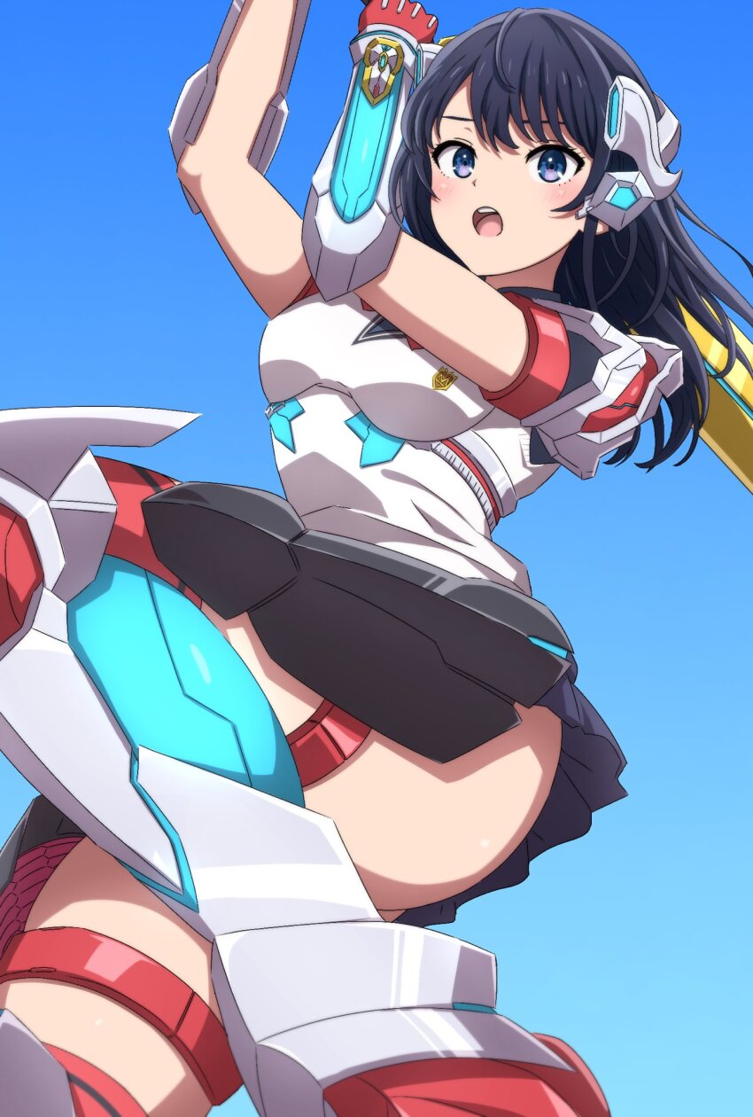 1girl acceptor armor ass black_hair black_skirt blue_eyes blush bow breasts cosplay gridman_(ssss) gridman_(ssss)_(cosplay) gridman_calibur gridman_universe gridman_universe_(movie) highres holding holding_sword holding_weapon long_hair looking_at_viewer mecha_musume noshimurin school_uniform shirt skirt sword takarada_rikka thighs weapon white_armor
