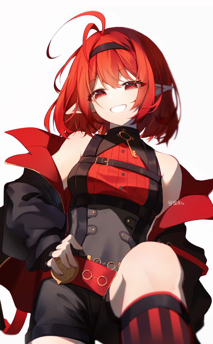 1girl absurdres antenna_hair artist_name bare_shoulders belt black_hairband black_shorts blurry bob_cut breasts buttons chest_belt chinese_commentary commentary_request cowboy_shot dungeon_and_fighter female_mage_(dungeon_and_fighter) grin hairband hand_on_own_hip highres jacket key knee_up kneehighs knees looking_at_viewer looking_down medium_breasts off_shoulder open_clothes open_jacket pointy_ears pov red_belt red_shirt red_socks ribbed_shirt shin_strap shirt short_hair short_shorts shorts silparrow sleeveless smile socks solo striped_clothes striped_socks summoner_(dungeon_and_fighter) teeth turtleneck two-sided_fabric two-sided_jacket vertical-striped_clothes vertical-striped_socks
