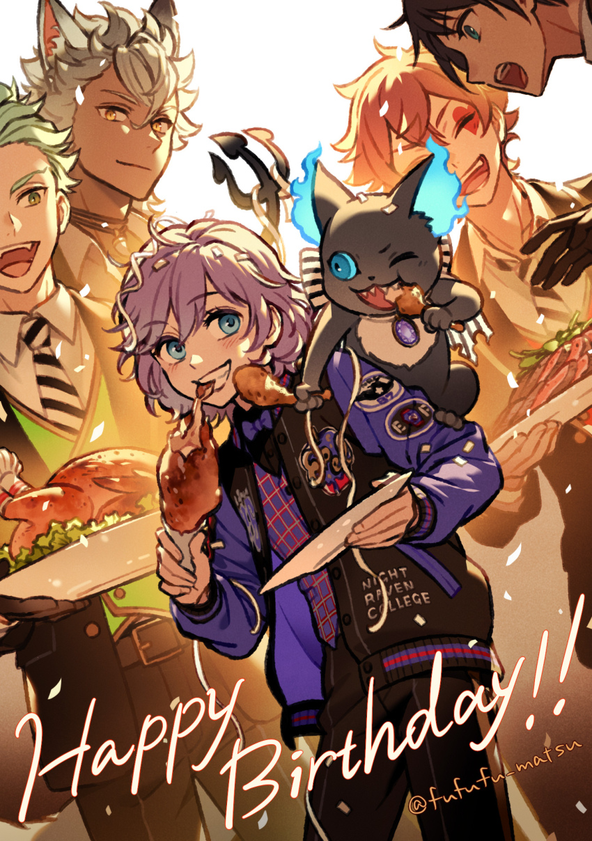 5boys ace_trappola animal_ears blue_eyes chicken_(food) commentary_request confetti cowboy_shot deuce_spade eating epel_felmier food funuyu green_hair grey_hair grim_(twisted_wonderland) happy_birthday highres jack_howl jacket letterman_jacket looking_at_viewer male_focus multiple_boys night_raven_college_uniform orange_hair purple_hair purple_jacket sebek_zigvolt short_hair simple_background twisted_wonderland white_background wolf_boy wolf_ears