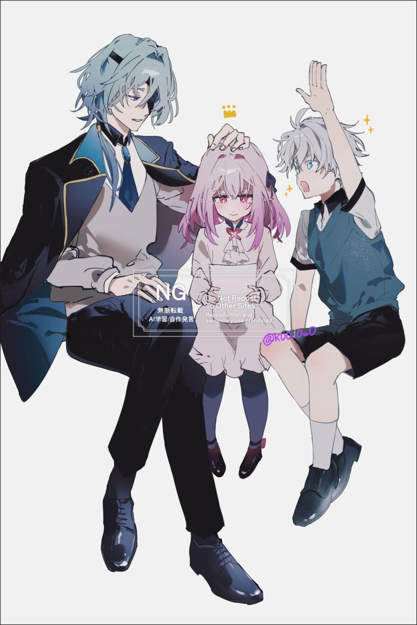 1girl 2boys age_difference aged_down anaxa_(honkai:_star_rail) ankle_bow ankle_ribbon antenna_hair aqua_hair aqua_sweater_vest arm_up ascot black_jacket black_pants black_pantyhose black_shoes black_shorts black_socks blue_eyes blue_necktie bow brooch butterfly_brooch castorice_(honkai:_star_rail) child closed_mouth collared_shirt colored_lapels contrast_collar crossed_legs crown_(symbol) dress eyepatch full_body grey_sweater hair_between_eyes hair_intakes hair_over_shoulder hair_ribbon hand_on_own_thigh headpat highres holding holding_paper honkai:_star_rail honkai_(series) invisible_chair jacket jacket_on_shoulders jewelry kurosumi_(kuro62114) lineup long_sleeves looking_at_another looking_at_object looking_at_viewer looking_down low_ponytail medium_hair multiple_boys multiple_rings necktie one_eye_covered open_mouth oxfords pants pantyhose paper parted_lips phainon_(honkai:_star_rail) pink_eyes pink_hair pointy_ears ponytail ribbon ring shirt shoes short_hair short_sleeves shorts simple_background sitting socks sparkle sweater teacher_and_student two-sided_fabric two-sided_jacket white_ascot white_background white_dress white_hair white_shirt white_socks
