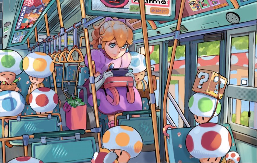 1girl 6+boys ?_block baby bag blonde_hair blue_eyes blue_gemstone blue_toad_(mario) blue_vest bow brown_footwear bus_interior bus_stop calilo cheep_cheep closed_eyes closed_mouth commentary dashing_thief_peach dress earrings elbow_gloves english_commentary eyelashes fish gem gloves green_toad_(mario) grocery_bag hair_bow handheld_game_console highres holding holding_handheld_game_console jewelry looking_at_another looking_at_object mario mario_(series) mario_party mermaid_peach mighty_peach multiple_boys nintendo nintendo_alarmo nintendo_switch on_head open_mouth pacifier paper_bag pink_bow pink_dress ponytail princess_peach princess_peach:_showtime! shopping_bag sitting sleeping slice_of_life smile sphere_earrings super_mario_odyssey super_mario_party toad_(mario) tree turnip_(mario) vest white_gloves window yellow_toad_(mario) yellow_vest