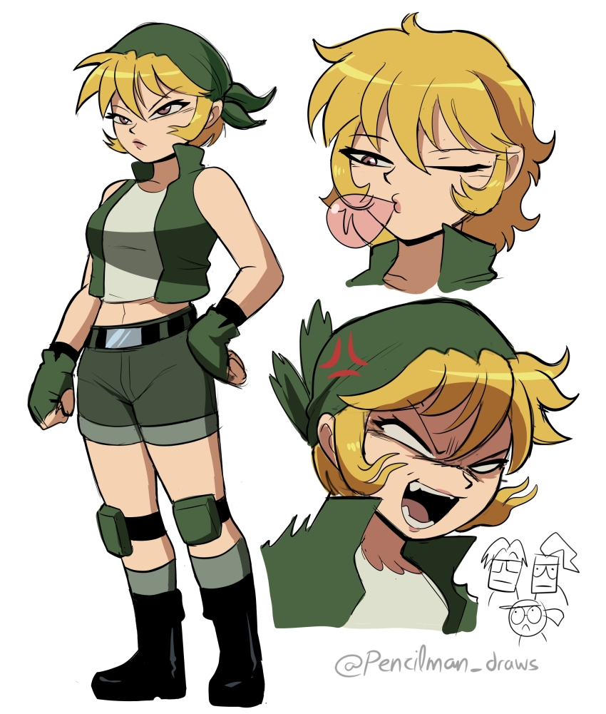 2boys 2girls absurdres bandana belt black_belt black_boots blank_eyes blonde_hair blowing_bubbles boots breasts brown_eyes commentary fingerless_gloves fio_germi frown glasses gloves green_bandana green_gloves green_shorts green_vest hand_on_own_hip highres kasamoto_eri knee_pads marco_rossi medium_breasts metal_slug multiple_boys multiple_girls one_eye_closed open_mouth pencilman_draws short_hair short_shorts shorts solo_focus tarma_roving twitter_username v-shaped_eyebrows vest