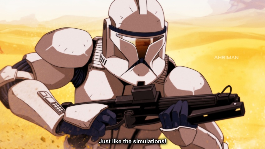 1boy ahriman_(artist) armor blaster_(star_wars) clone_trooper desert highres star_wars star_wars:_attack_of_the_clones star_wars:_the_clone_wars star_wars:_visions weapon