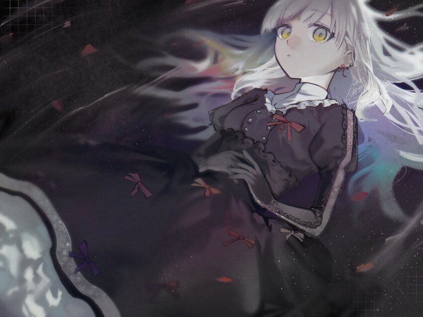 1girl black_background black_dress blonde_hair blurry bow breasts buttons closed_mouth colored_inner_hair commentary_request cowboy_shot double-breasted dress dress_bow ear_piercing earrings film_grain frilled_sleeves frills from_below gloved_sleeves green_hair hair_behind_ear highres jewelry juliet_sleeves lace lace-trimmed_dress lace_trim light_particles long_sleeves looking_at_viewer lying mayu_(vocaloid) medium_dress medium_skirt multicolored_hair nyafu_1924 on_back own_hands_together petticoat piercing puffy_sleeves purple_bow purple_hair red_bow red_hair ribbon_earrings simple_background skirt small_breasts solo vocaloid yellow_eyes